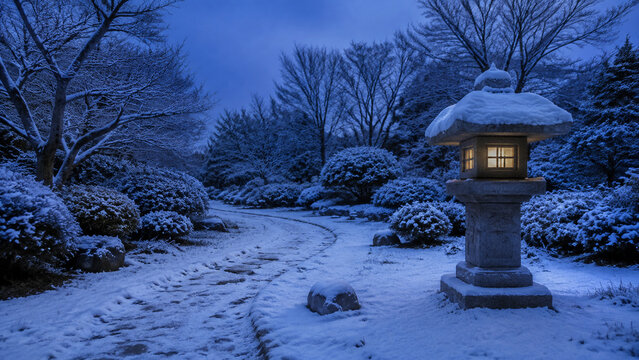 雪の日本庭園で小径を照らす夕暮れの石灯籠