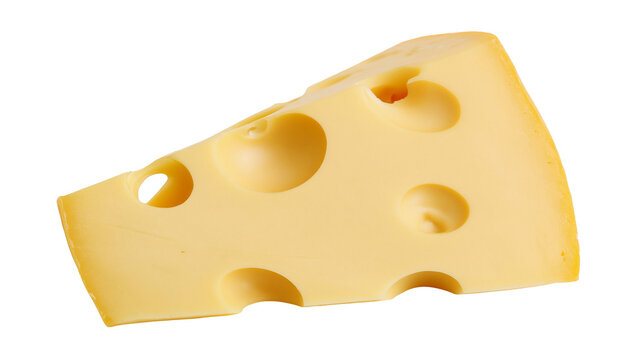 Isolated delicious slice of classic yellow Swiss cheese wedge with distinctive holes.