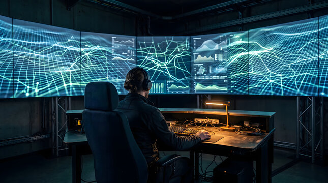 Data visualization command center monitor wall with analyst operating