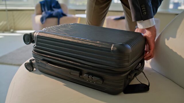 Man packing suitcase apartment. Closeup male hands opening hard shell luggage.