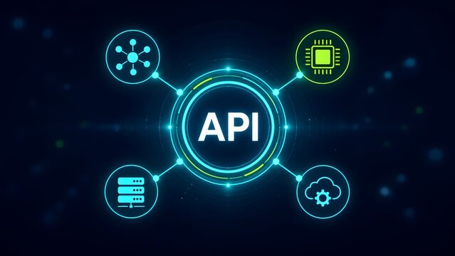 Glowing application programming interface typography inside a futuristic digital network ring with cloud and server nodes.