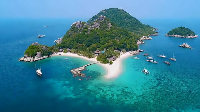 Aerial view of a scenic tropical island surrounded by turquoise waters with multiple sailing vessels anchored near the sandy shore amidst lush green mountain landscapes under a clear sunny