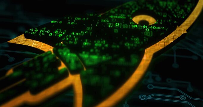 Startup business rocket launch colored symbol concept. Network, cyber technology and computer background abstract 3d animation.