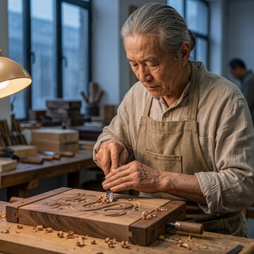 Senior Asian Craftsman Carving Intricate Dragon Pattern into Wood Block with Chisel in Workshop