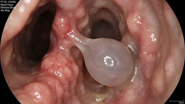 Endoscopic view of a nasal polyp, a fluid-filled sac in the ethmoid sinus, magnified 40 times.