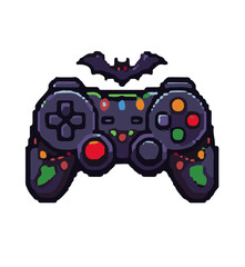 Retro 8-Bit Pixel Art Video Game Controller Paired with a Spooky Flying Bat for a Vintage Gaming and Halloween Icon Set © musfiq_0