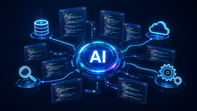 Artificial intelligence central hub connecting to cloud computing database and software programming screens