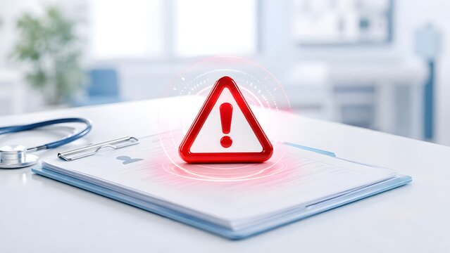 Glowing red warning triangle hologram over a medical clipboard with patient records and stethoscope symbolizing healthcare risk