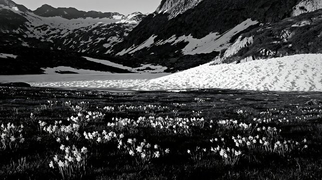 Frozen tarn meadow with snow-capped mountains in the background