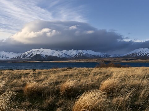 Snowy Alps and Lake Tekapo meadow in New Zealand