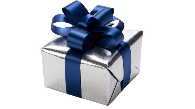 Isolated elegant silver gift box with a luxurious royal blue ribbon and bow for special occasions