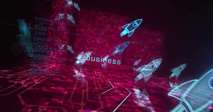 Startup business rocket launch symbol abstract cyber concept. Digital technology background seamless and loopable dynamic 3d animation.