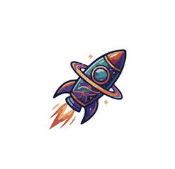 Cosmic Space Rocket Ship Blasting Off with a Glowing Planetary Ring for a Magical Astronomy and Sci-Fi Adventure Vector Icon Asset © tools_design