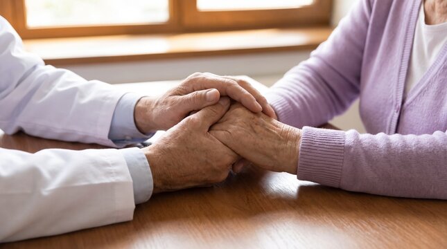 compassionate medical support and patient comfort. doctor holding elderly patient hands during consultation. empathy in geriatric healthcare and therapeutic communication.

