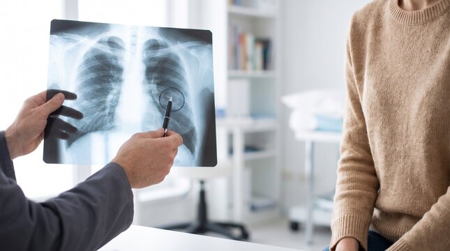 medical diagnosis and radiology consultation. doctor pointing at chest x-ray findings with pen. specialist explaining lung scan results to patient in bright clinic.


