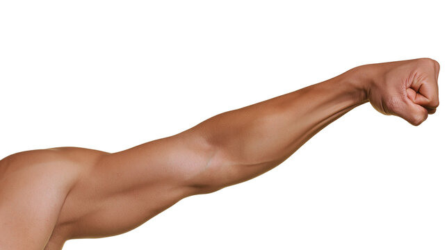 Isolated male arm flexing bicep with a powerful clenched fist symbolising strength and power