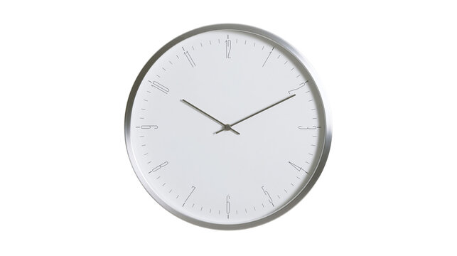 Isolated contemporary silver framed wall clock with minimalist face for home or office decor