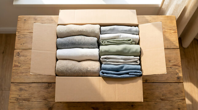 Top-down view of a cardboard donation box containing neatly folded donated clothes on a wooden table.