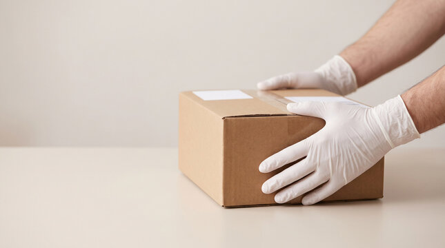 Hands in white protective gloves holding a cardboard delivery box on a table
