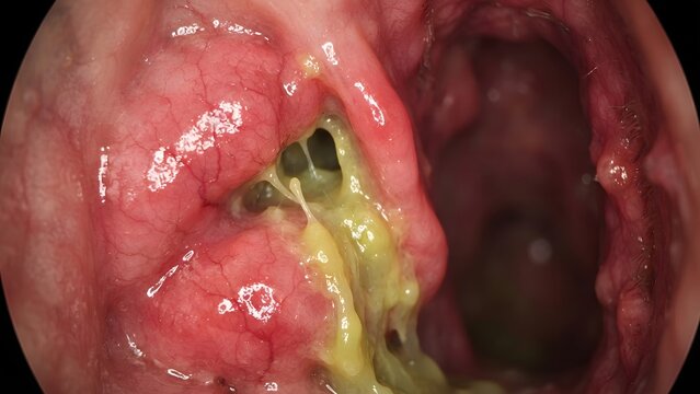 Endoscopic view of chronic sinusitis showing inflamed nasal mucosa and thick purulent yellow discharge.