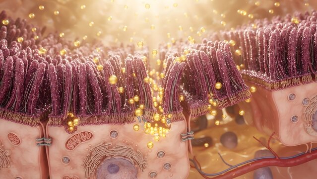 Intestinal epithelial cells with microvilli showing leaky gut syndrome and molecules passing through disrupted tight junctions
