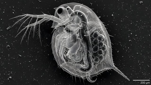 Scanning electron micrograph of a Daphnia pulex, a common freshwater flea, showing its internal organs and eggs