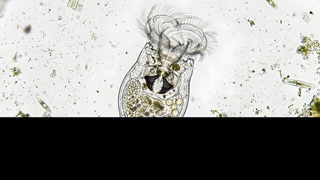 Rotifer microscopic organism with visible corona and mastax under light microscope in pond water sample.