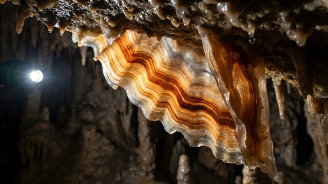 Translucent cave bacon formation illuminated by a flashlight inside a dark underground cavern