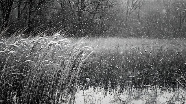 Tall grass meadow during snow in black and white