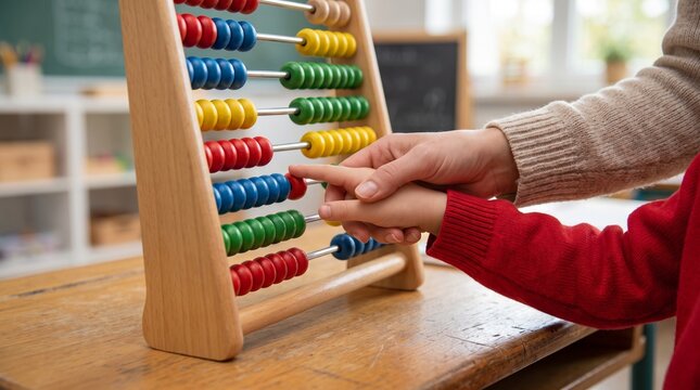 early childhood math education and mental arithmetic. teacher guiding a young student to count with a colorful wooden abacus. interactive classroom learning.

