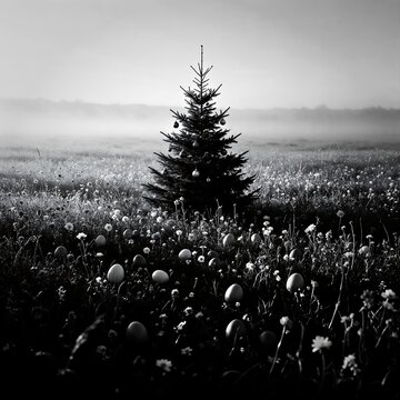 Vibrant Christmas tree in misty meadow with hidden eggs
