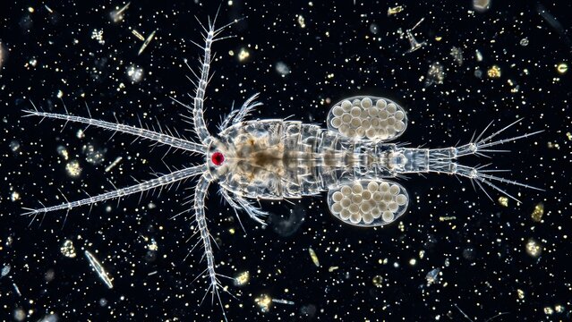 Detailed microscopic view of a female cyclops with egg sacs, surrounded by plankton and organic debris.