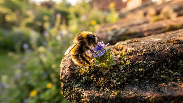 Close-up of a fluffy bumblebee collecting nectar from a tiny purple flower, with a blurred garden background.