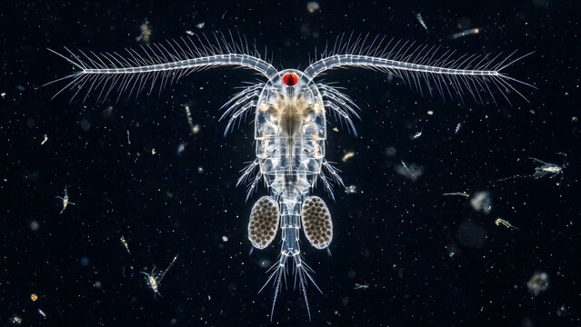 Microscopic view of a copepod with egg sacs, surrounded by other plankton in dark water
