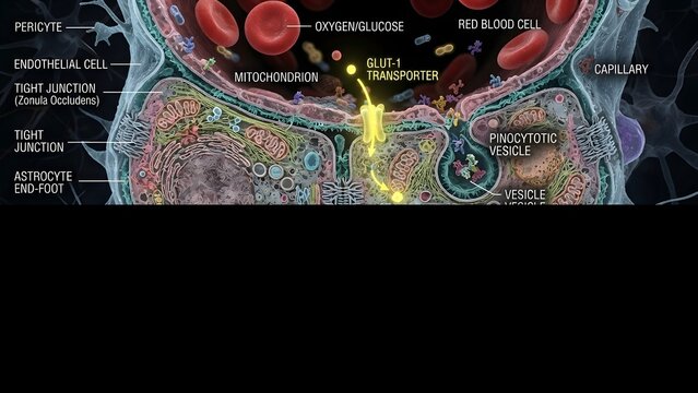 Cross-section of a brain capillary showing glucose transport across the blood-brain barrier, facilitated by GLUT-1 transporters.