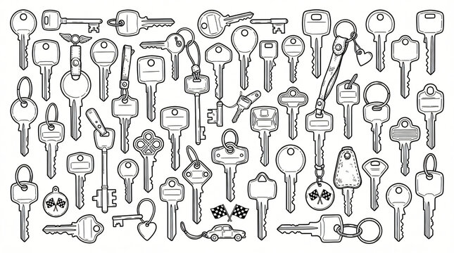 Vintage Classic Car Key Line Art Doodle Collection Hand Drawn Mechanical Ignition Key Blank Brass Profile Metal Auto Key Retro Keychain Uniform Stroke Solid White Background Completely Textless
