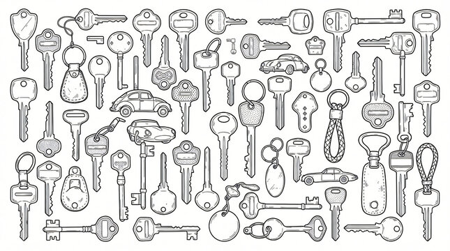 Vintage Classic Car Key Line Art Doodle Collection Hand Drawn Mechanical Ignition Key Blank Brass Profile Metal Auto Key Retro Keychain Uniform Stroke Solid White Background Completely Textless