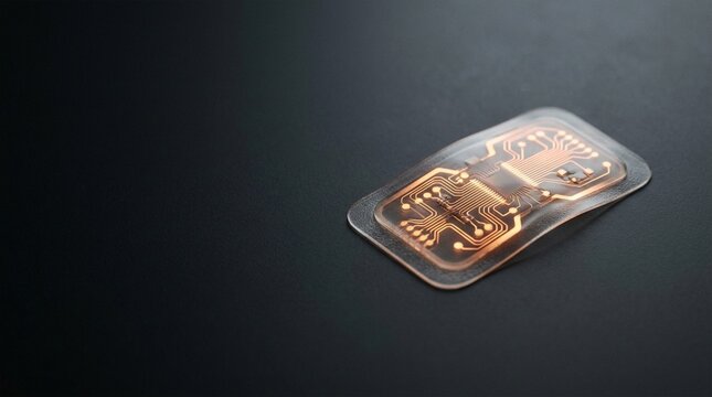 Close up of a flexible transparent electronic circuit on a dark background
