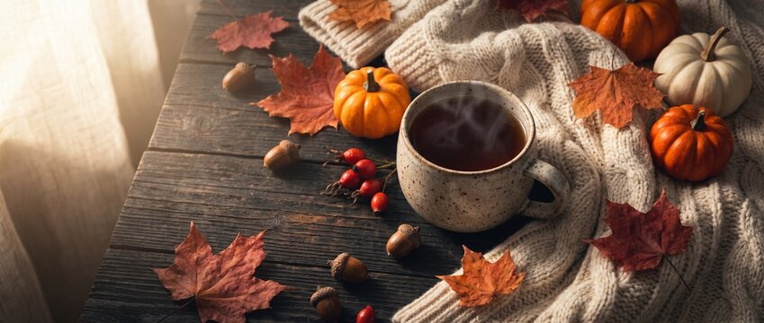 Gem&uuml;tliches Herbst-Stillleben: Dampfende Tasse Tee, warme Strickdecke, Zierk&uuml;rbisse und Herbstbl&auml;tter auf einem dunklen rustikalen Holztisch im sanften Fensterlicht