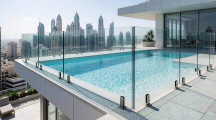 Obraz premium Rooftop infinity pool with glass fence overlooks city skyline. Modern luxury terrace with clear water and bright sunlit day offers amazing panoramic urban views. Sleek exterior architecture.