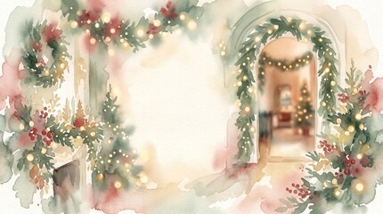 Obraz premium Christmas watercolor illustration of festive evergreen garland with glowing lights, berries, archway and cozy home interior, elegant holiday background with copy space for greeting card
