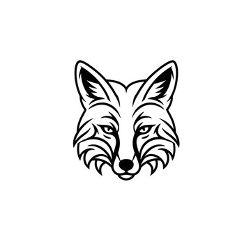 Black and white illustration of a fox head with detailed features  