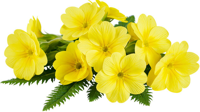 Isolated fresh yellow primrose flower blossoms with green leaves, vibrant spring bouquet
