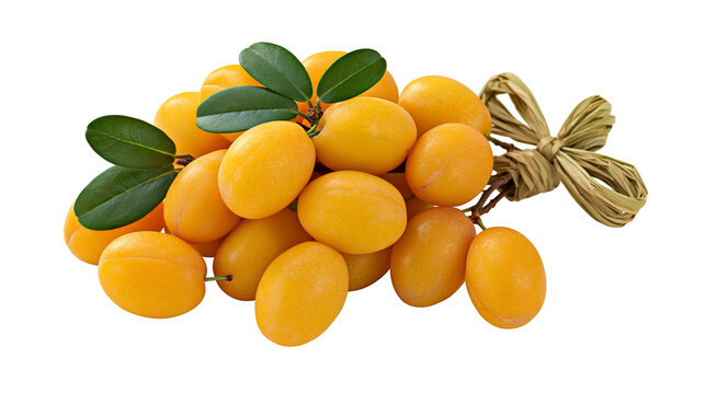 Isolated sweet juicy marian plums (plum mango) with green leaves and rustic bundle tie
