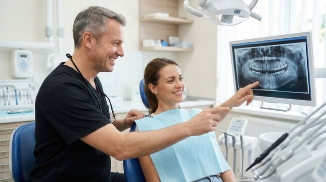 Dentist Showing Dental X-Ray To Patient On Computer Screen