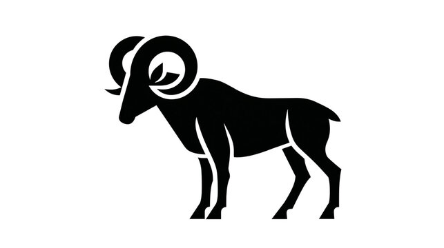 Isolated black silhouette of a powerful ram standing; strong horned male bighorn sheep icon