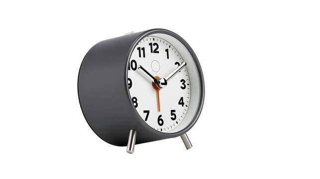 Isolated elegant dark grey analog alarm clock with white face and bright orange second hand