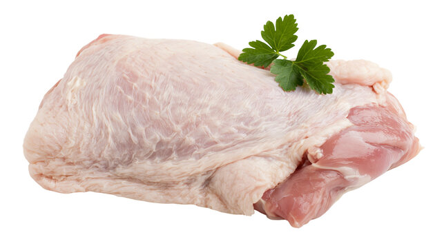 Isolated fresh raw chicken thighs with skin, ready for cooking, garnished with vibrant parsley