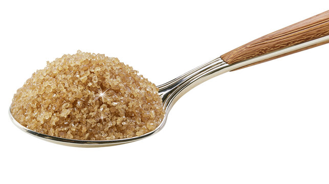 Isolated spoonful of shimmering raw brown sugar crystals with a wooden handle spoon
