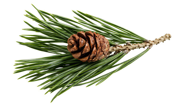 Isolated close up of a fresh green pine branch with a small brown pine cone against a clean backdrop